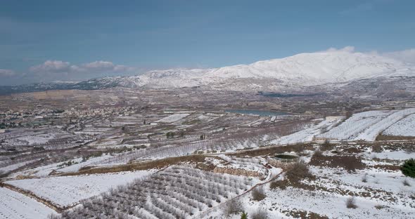 Aerial view of a dry vineyard in the snow, Golan Heights, Israel.