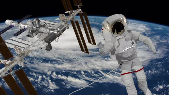 Astronaut Spacewalk, Waving His Hand in the Open Space