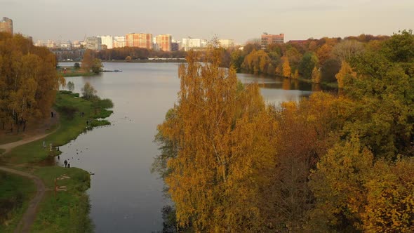 Top View of the Big Garden Pond in Timiryazevsky Park in Autumn Moscow Russia