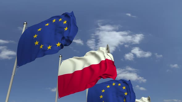 Waving Flags of Poland and the European Union