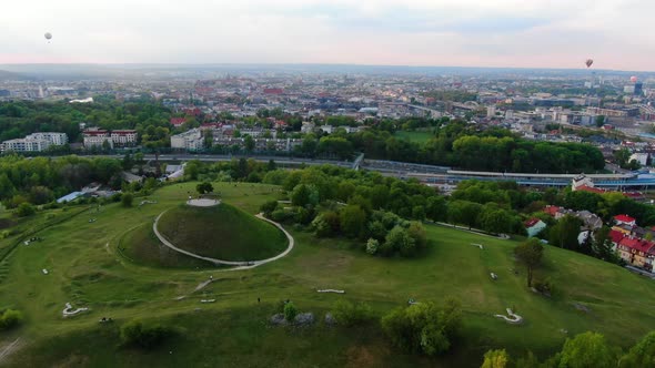 Krakus Mound (Kopiec Krakusa) and aerial panorama of Cracow, Krakow, Poland
