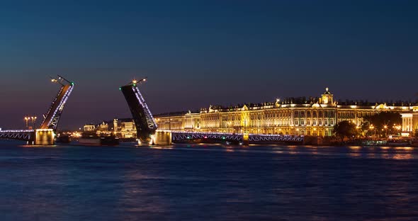Time Lapse of Opening Palace Bridge in Dusk Winter Palace on a Background a Lot of Observing