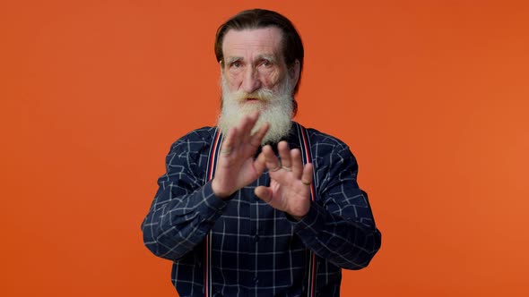 Confused Senior Old Bearded Man Pointing Fingers Himself Ask Say Who Me No Thanks i Do Not Need It