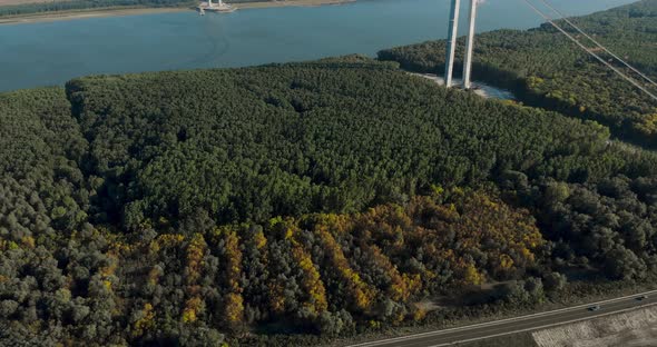 Ongoing Construction Of The Braila Bridge Over The Danube River  In Romania. aerial, forward