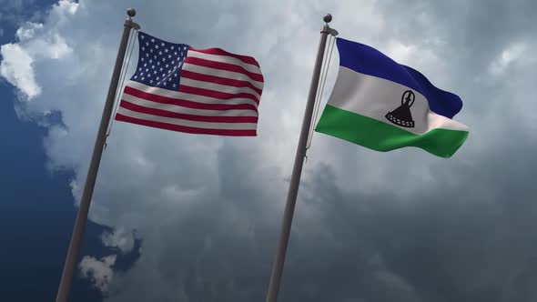 Waving Flags Of The United States And The Lesotho 2K