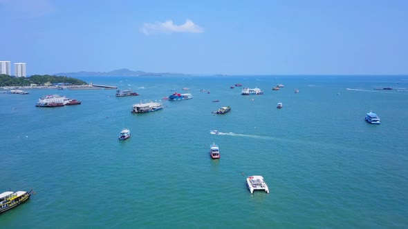 Aerial view of boats in Pattaya sea, beach in Chonburi, Thailand.