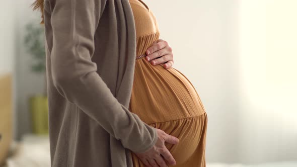 Cute Pregnant Woman Holds Her Hand on Her Belly
