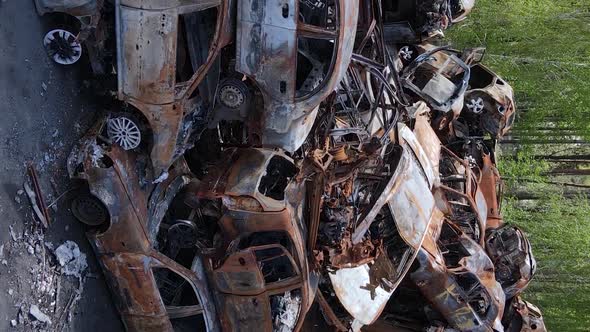 Vertical Video of Destroyed and Shot Cars in the City of Irpin Ukraine