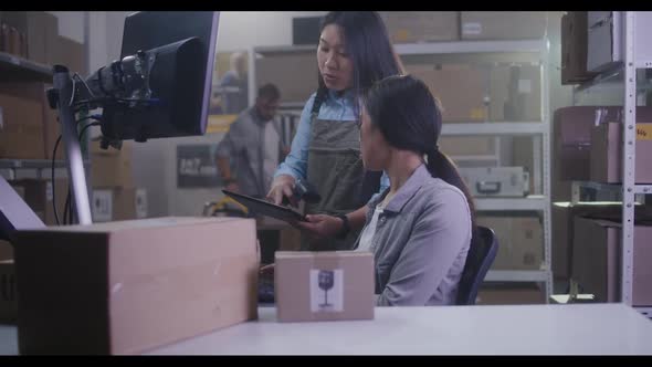 Woman Checking Packages with Barcode Scanner