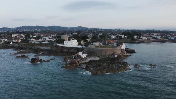 Aerial capture of Forty foot in Sandycove before sunset.