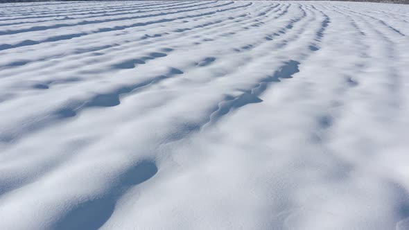 Snow sastrugi on the ground by January 4K drone video