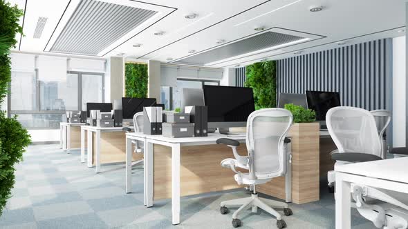 Eco-Friendly Open Plan Modern Office Interior With Tables, Office Chairs And Vertical Garden.