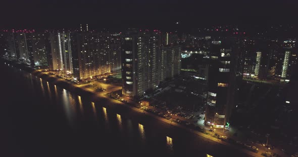 View From a Drone on the Night City of Krasnoyarsk