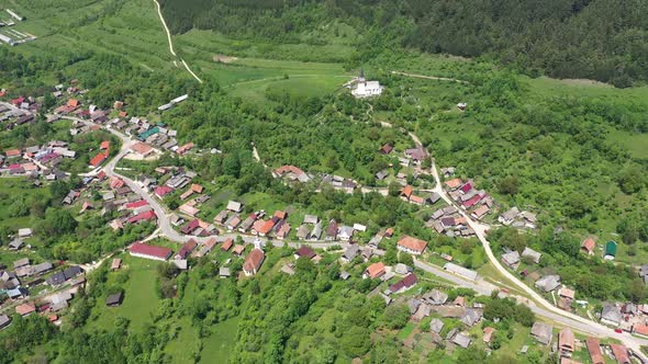 Flying Over a Countryside Small Village