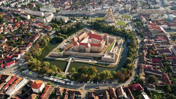 Aerial drone view of the Fagaras, Romania. Fagaras Citadel surrounded by a moat