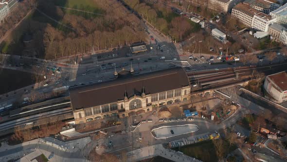 Close Up Aerial View of Dammtor Train Station Building with Railway Tracks in Hamburg City Center