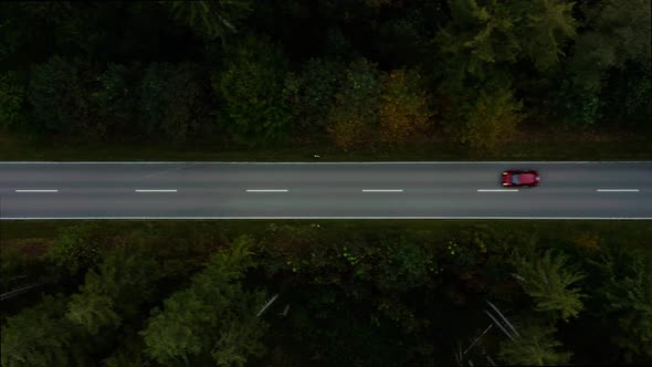 Flying over a red car which is driving fast through a forest landscape in the autumn season