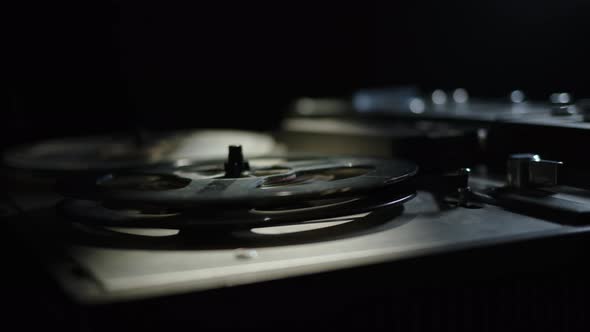 Close Up Old Reel Tape Recorder Plays Magnetic Tape Record