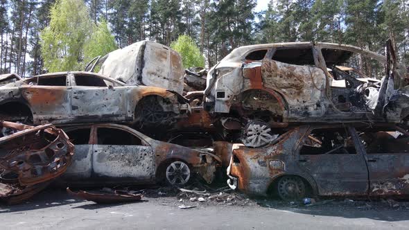 War in Ukraine a Dump of Shot and Burned Cars in the City of Irpen Near Kyiv