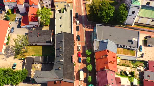 Top aerial panoramic view of Lowicz old town historical city centre with Rynek Market Square, Old To