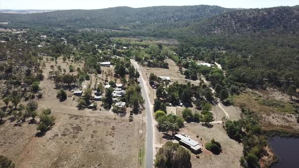 Aerial flying slowly towards the historic gold mining town of El Dorado, in Victoria Australia