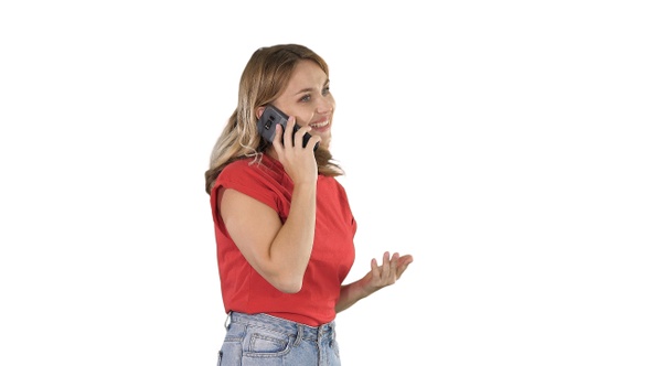 Pretty woman talking on the phone on white background.