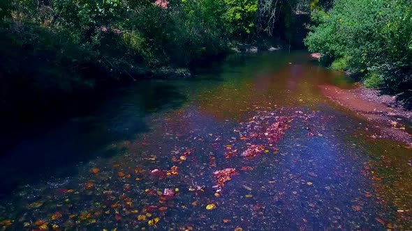 Drone shot flying backwards quickly over a small river