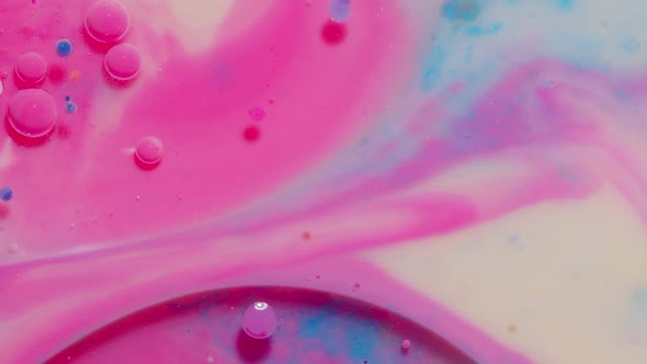 Top View Movement of Pink Oil Ink Drops Bubbles Multicolored Artistic Paint Surface Background