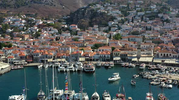 Aerial View of Hydra Old Town and Marina or Seaport Greece  Drone Videography