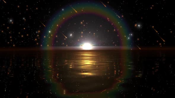 Golden Ocean Horizon Shooting Stars Night Sky Motion Loop Background