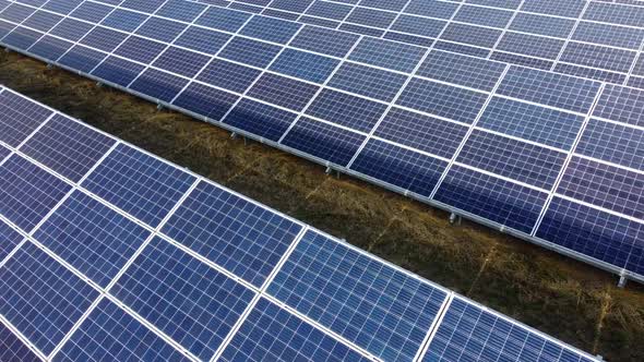 Aerial Drone View Solar Panels on Sunny Day Closeup