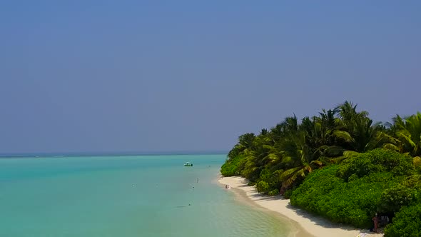 Aerial tourism of coast beach journey by blue water and sand background