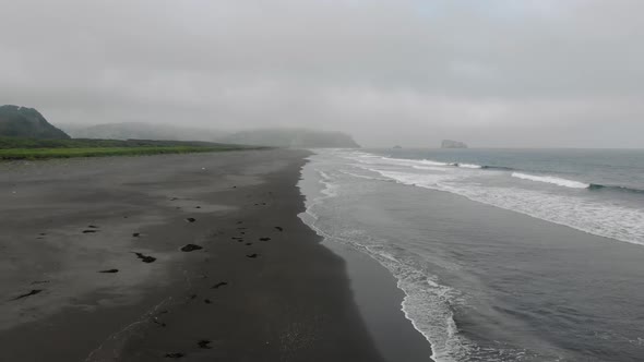 Aerial Top View of Khalaktyrsky Beach with Black Sand on Kamchatka Peninsula