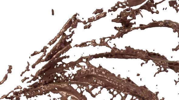 Hot chocolate or cocoa splashes slow motion flow, alpha. 3d render. 3d animation