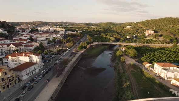 Aerial shot over Arade River in the beautiful historic town of Silves, Portugal