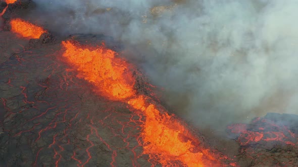 Aerial Drone Footage Of Fagradalsfjall Volcano Scenery. Exploding Lava Erupting Of Volcanic Fissure