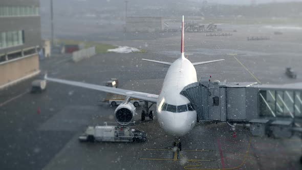 Airplane Standing at Airport Terminal in Winter Snow Fall Weather alt