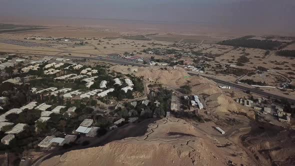 Panoramic aerial view of a kibbutz yotvata in the middle of the desert, Israel