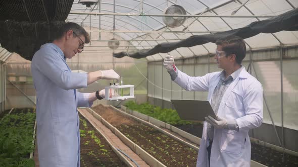 Two scientist man research with chemical and laptop computer plant about agriculture in the farm.