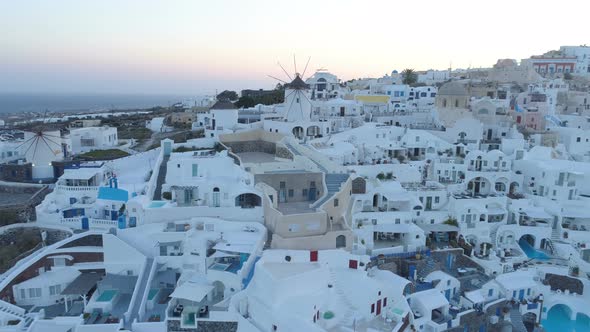 Aerial View Flying Over City of Oia on Santorini Greece