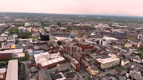 Aerial view of University of Central Lancashire in Preston on a cloudy day