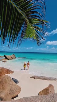 Young Couple on Vacation Seychelles Luxury Holiday La Digue Island Seychelles