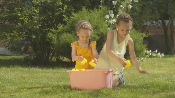 Wide Shot of Happy Caucasian Sisters Playing with Duckling Toys on Sunny Summer Day Outdoors