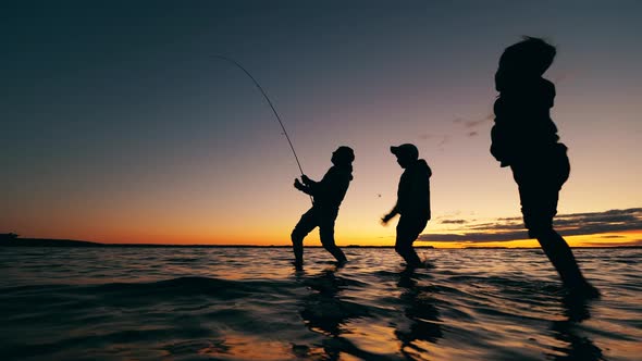 Father Is Showing His Sons How To Catch Fish