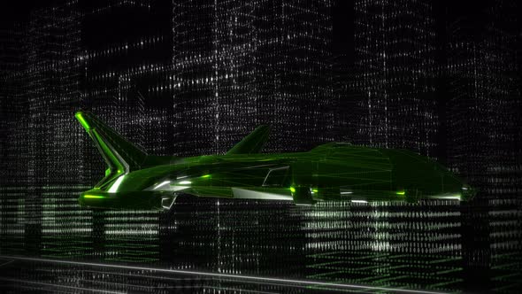 Animation of a green Sci-fi plane passing through the digital computer city alt