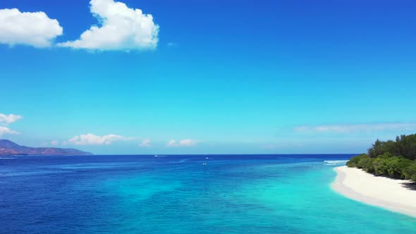 Aerial drone shot panorama of exotic island beach time by clear ocean and white sandy background of 