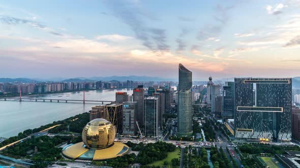 Timelapse of city skyline from day to night in hangzhou china