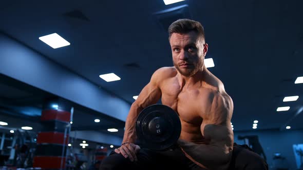 Fit muscular man exercising with dumbbells. Muscular young man lifting weights on dark gym backgroun