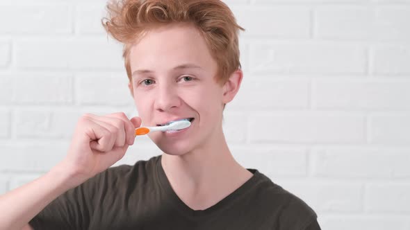 Portrait Smiling Red Haired Teen Boy with Toothbrush