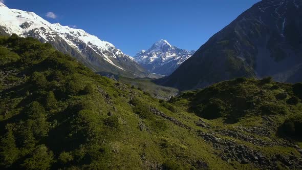 Mt Cook, New Zealand - Aerial view by drone flying over Hooker valley track